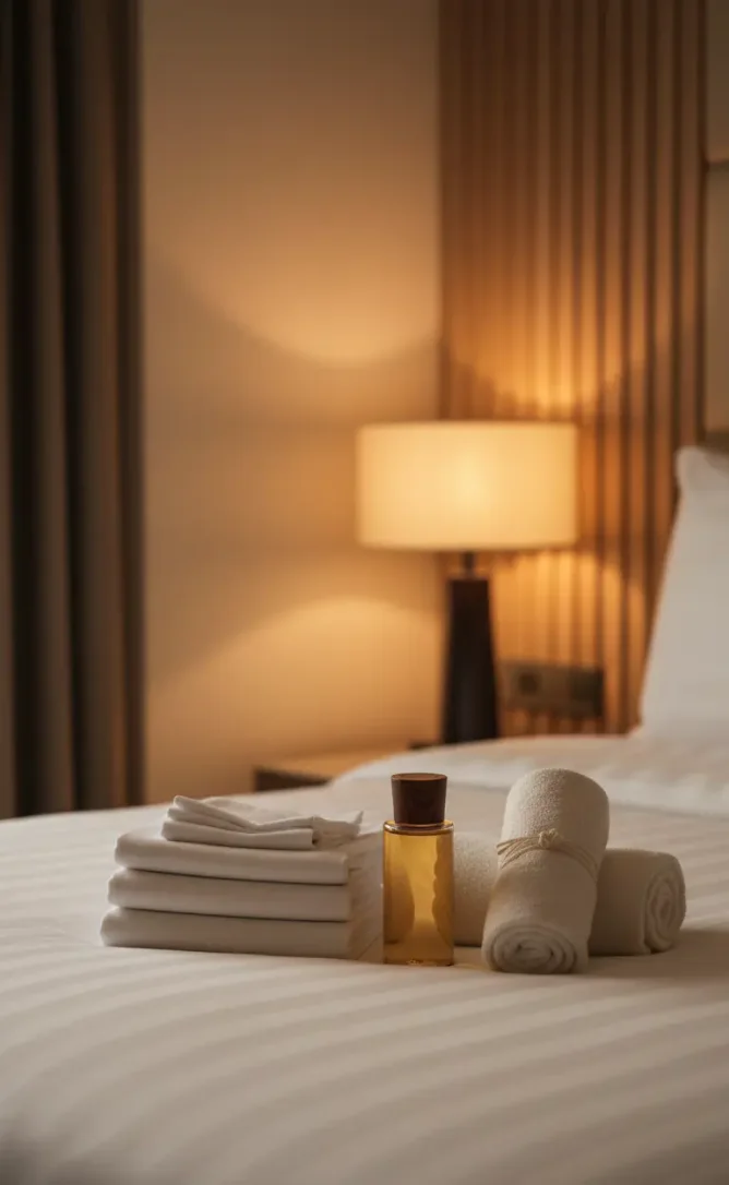 Fresh sheets, towels and massage oil laid out on a hotel bed