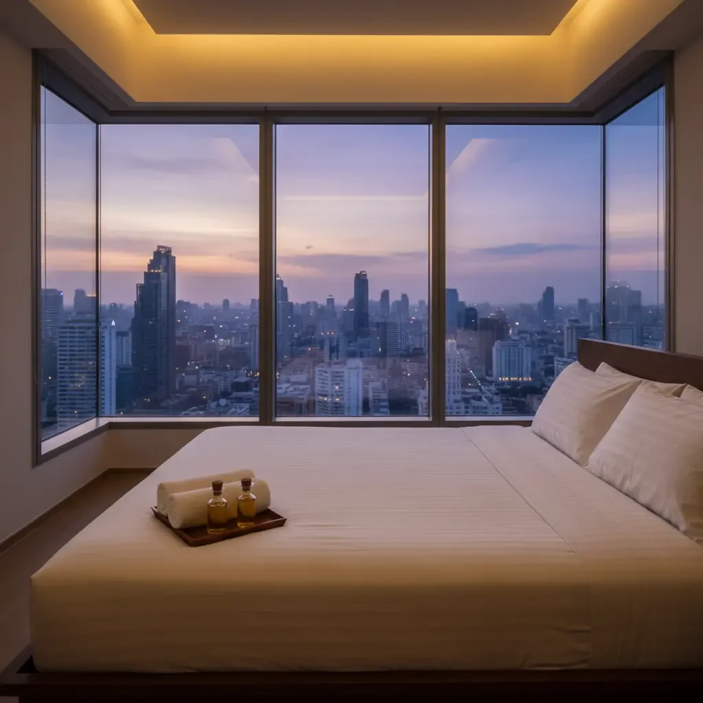 A massage set up in a condo bedroom, the Bangkok skyline at dusk through the windows