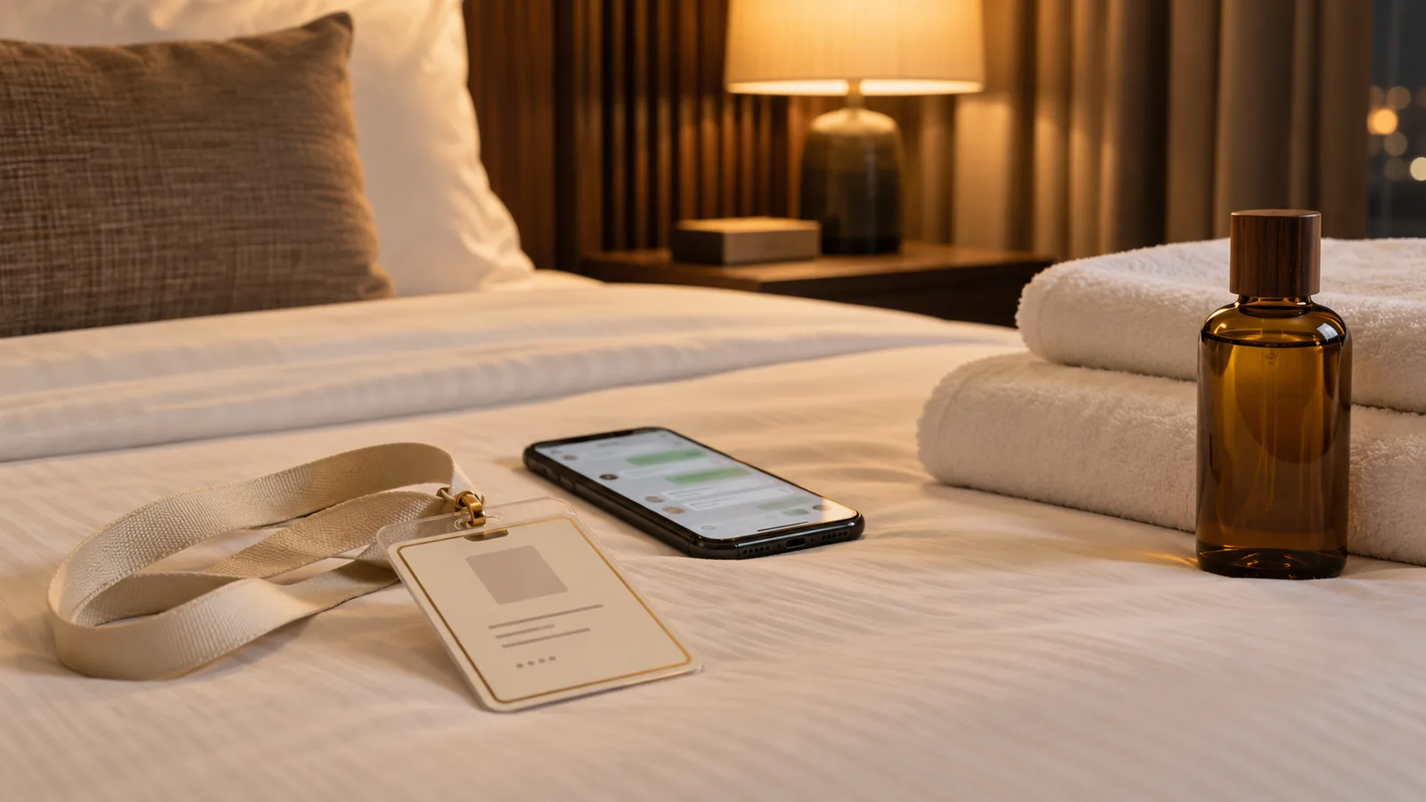 A laminated therapist ID card on a lanyard beside a phone showing a booking chat, with folded white towels and a bottle of massage oil on a hotel bed